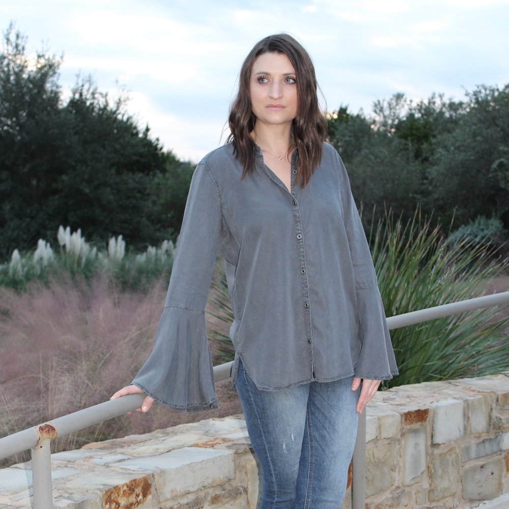 Women's Bell Sleeve Button-Down Shirt Gray